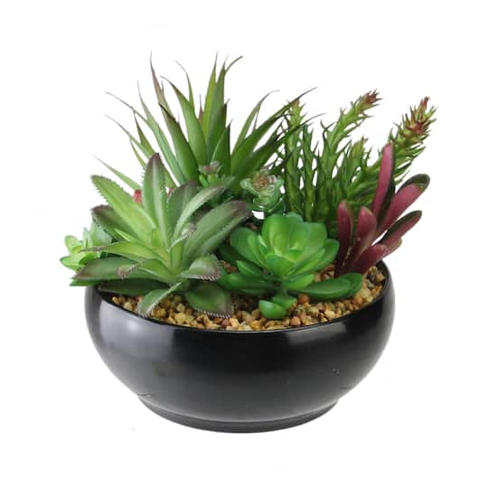 6" Green & Red Artificial Succulent Arrangement in Black Bowl